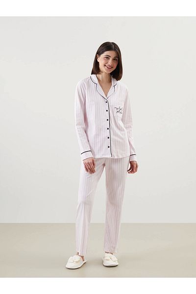 LC Waikiki Set de pijamale LCW DREAM Ecru cu guler de cămașă brodat pentru femei