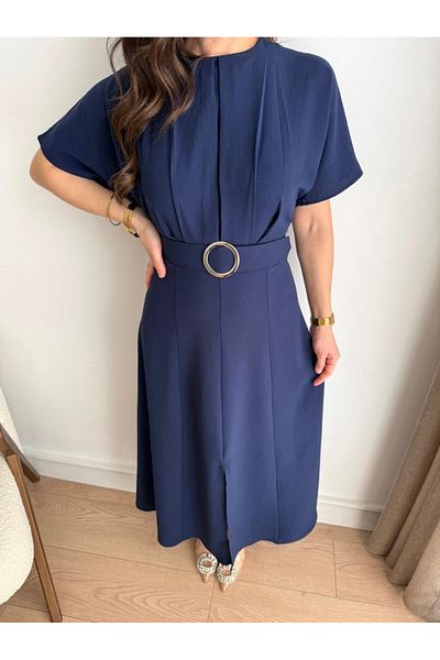 Butik Aura Mou Navy Blue Belted Chest Pleated Slit Dress
