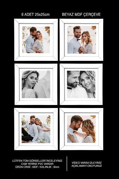 yhfoto 6 Pieces 25x25 Frame - White Frame - MDF Square Frame - Photo Set