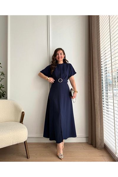 Butik Aura Mou Navy Blue Belted Chest Pleated Slit Dress