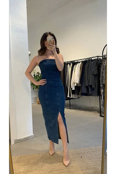 Ecenin Favorileri Rochie din denim cu fante fără bretele
