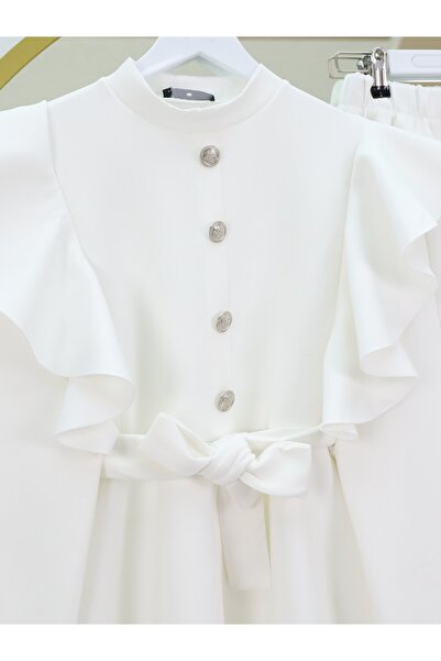 Modamorfo Button Detailed Stand Collar Ruffled Shoulder Scuba Suit - White
