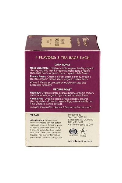 Teeccino Herbal Tea Sampler - Maca Chocolaté, French Roast, Hazelnut, Vanilla Nut - Caffeine Free, 12 Bags
