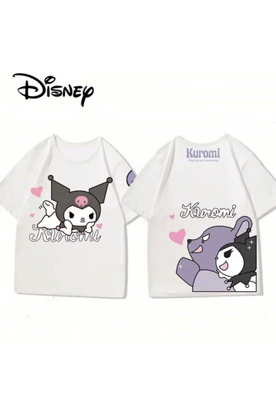 Aesthia Tricou alb Sanrio Kuromi Cute Best Imprimat față/spate oversize -Ming...