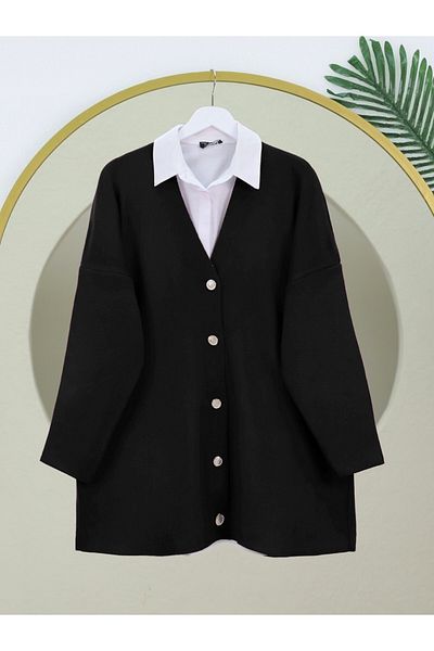 Modamorfo V-Neck Buttoned Oversize Knitwear Cardigan -Black