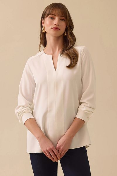 SEÇİL Women's V-Neck Blouse, Wide Cut, Ecru Color