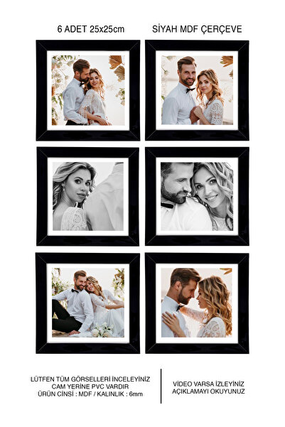 yhfoto 6 Adet 25x25 Çerçeve - Siyah Çerçeve - Mdf Kare Çerçeve - Fotoğraf Çer...