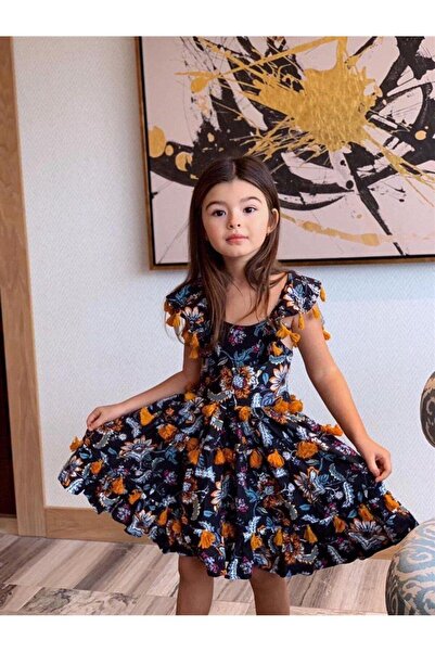 Hilal Akıncı Kids Κοριτσίστικο φόρεμα από βαμβάκι και βισκόζη με μαύρες φούντες
