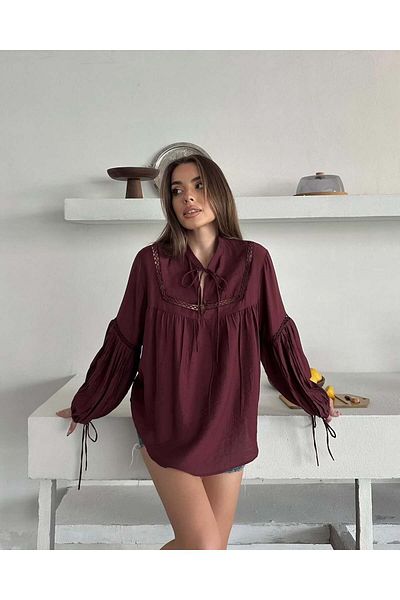 gmbutikk Cămașă cu mânecă cu balon cu dantelă pentru femei Cămașă pentru femei Cămașă PREMIUM