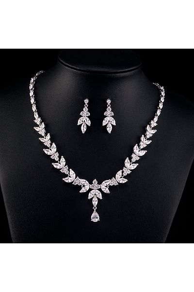 Choice S3181 White ZAKOL Luxury Brilliant Zirconia Leaf Necklace Earrings Rings Bracelets Set for Women CZ