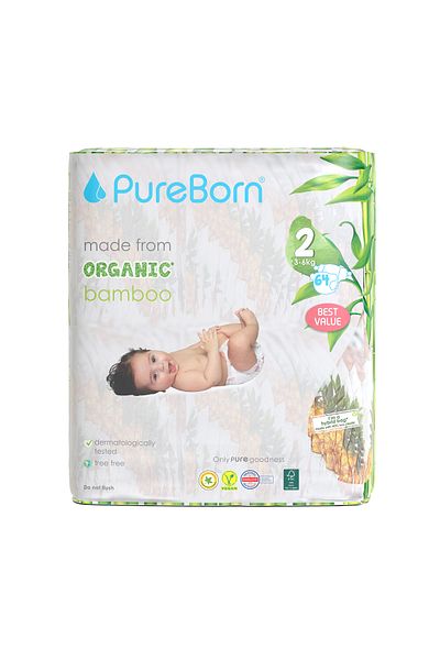 PUREBORN Organic Diapers Size 2 For 3-6 Kg Value Pack 64pcs with Pineapple Print