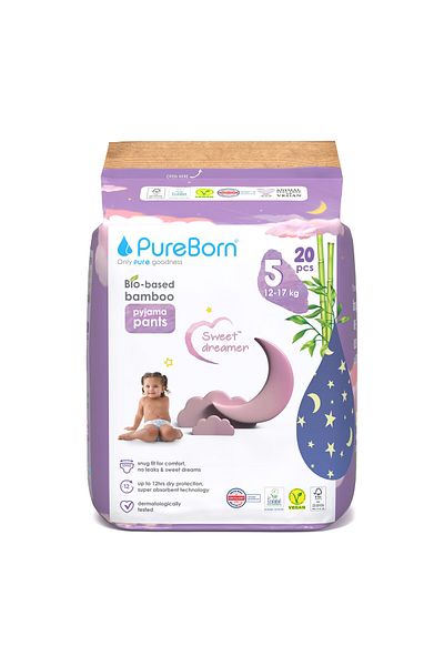 PUREBORN Baby Night Payjama Pants Size 5 For 12-17 Kg Single Pack 20pcs with Stars Print