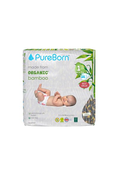 PUREBORN Organic Diapers Size 1 For Upto 5Kg Value Pack 68pcs with Leopard Print