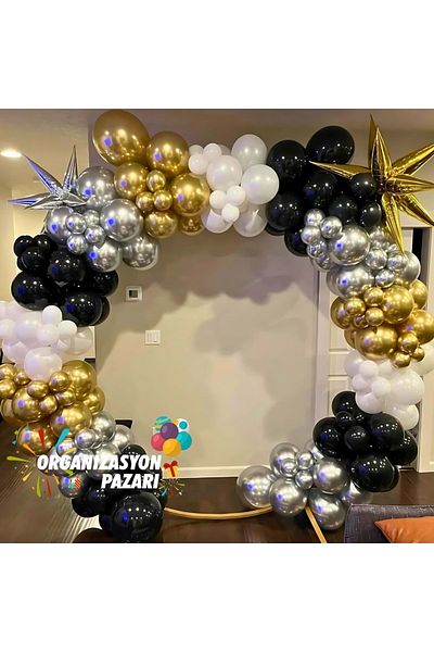 Organizasyon Pazarı Set of 60 Chrome Gold-Chrome Silver-Black-White Balloon Chains