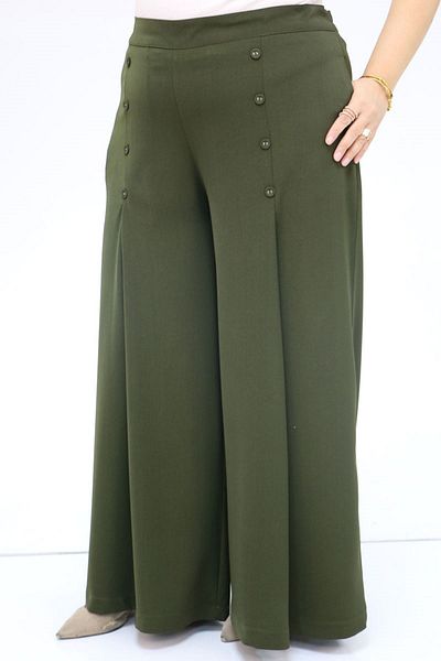 Eslina 49009 Large Size Button Detailed Aspen Trousers - Khaki