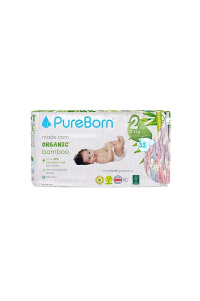 PUREBORN Organic Diapers Size 2 For 3-6 Kg Single Pack 32pcs with Clouds Print