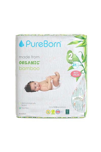PUREBORN Organic Diapers Size 2 For 3-6 Kg Value Pack 64pcs with Daisy Print