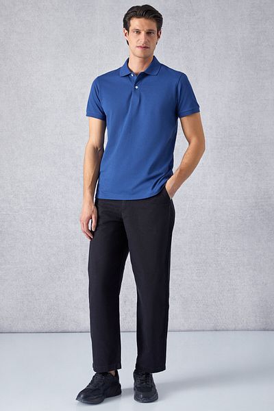 GRIMELANGE Monaghan Men's Polo Neck Relaxed Fit Placket Button Short Sleeve Blue T-Shirt