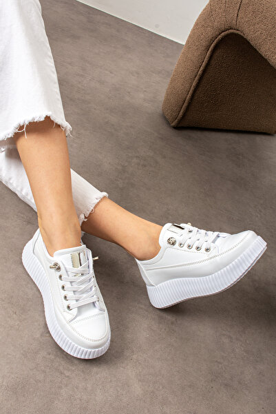 BOUIS Women's White Rubber Laced Casual Comfortable Sole Comfortable Soft Walking Daily Sneaker Sports Shoes