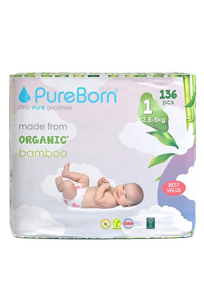 PUREBORN Organic Diapers Size 1 For Upto 5Kg Master Pack 136pcs with Assorted  Print