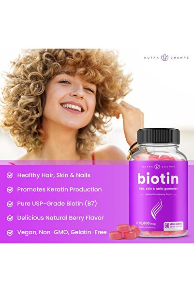 NutraChamps Biotin Gummies 10000mcg - High Potency Hair, Skin & Nails Vitamins - Vegan, Non-GMO