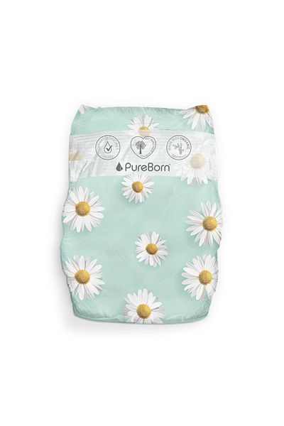PUREBORN Organic Diapers Size 1 For Upto 5Kg Master Pack 136pcs with Daisy Print
