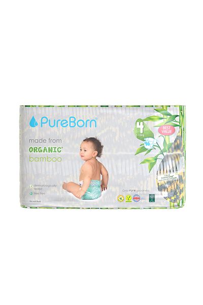 PUREBORN Organic Diapers Size 4 For 7-12 Kg Master Pack 96pcs with Leopard Print