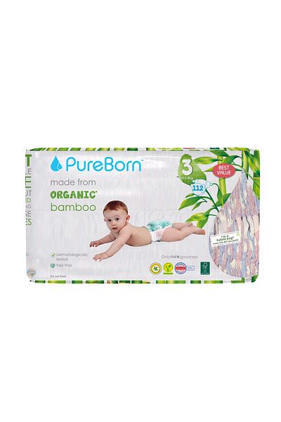 PUREBORN Organic Diapers Size 3 For 5.5-8 Kg Master Pack 112pcs with Clouds Print