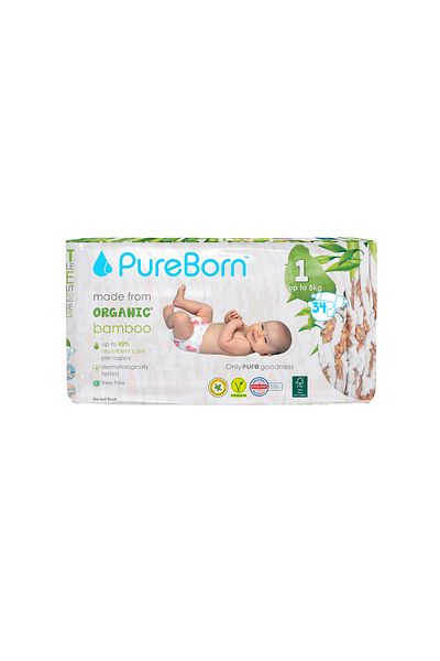 PUREBORN Organic Diapers Size 1 For Upto 5Kg Single Pack 34pcs with Pineapple Print
