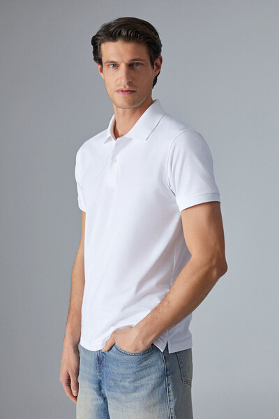 GRIMELANGE Monaghan Men's Polo Neck Relaxed Fit Placket Button Short Sleeve White T-Shirt