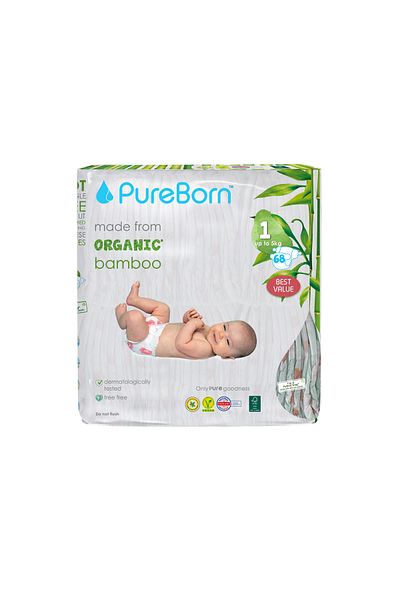 PUREBORN Organic Diapers Size 1 For Upto 5Kg Value Pack 68pcs with Daisy Print