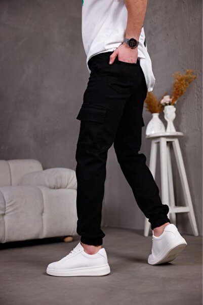 Oksit Hend Slim Fit Lycra Linen Cargo Trousers with Jogging Legs and Elastic Waist