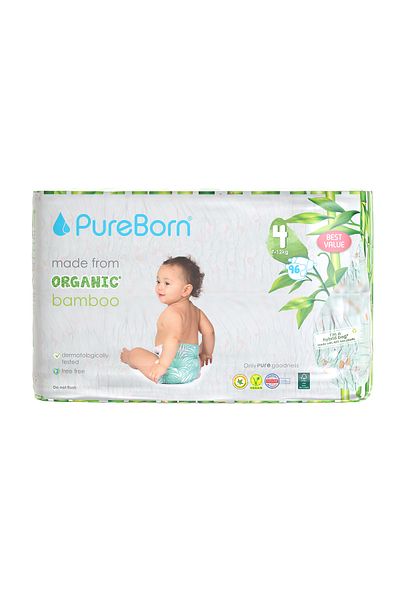 PUREBORN Organic Diapers Size 4 For 7-12 Kg Master Pack 96pcs with Daisy Print