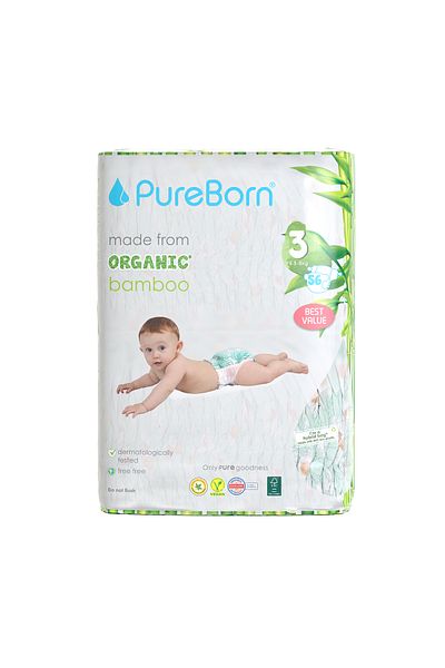 PUREBORN Organic Diapers Size 3 For 5.5-8 Kg Value Pack 56pcs with Daisy Print