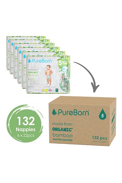 PUREBORN Organic Diapers Size 5 For 11-18 Kg Master Value Pack 132pcs with Assorted  Print