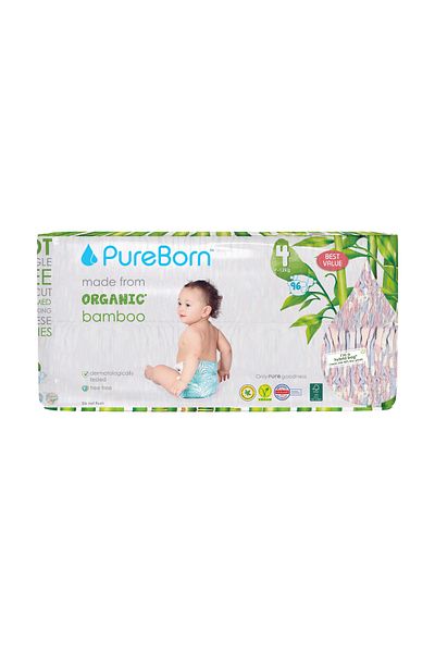 PUREBORN Organic Diapers Size 4 For 7-12 Kg Master Pack 96pcs with Clouds Print