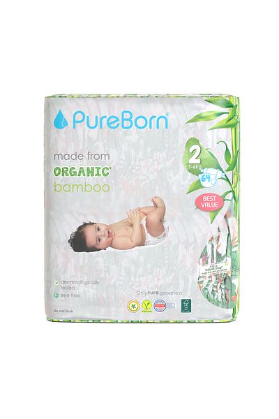 PUREBORN Organic Diapers Size 2 For 3-6 Kg Value Pack 64pcs with Assorted  Print