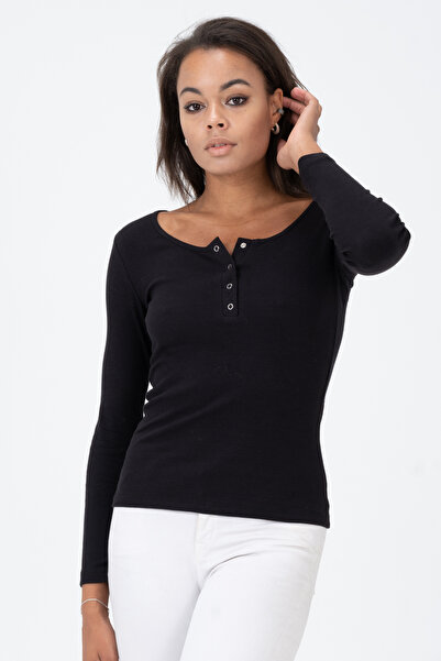 PUNKY CAT Women's Black Snap Fastener Long Sleeve Ribbed Blouse