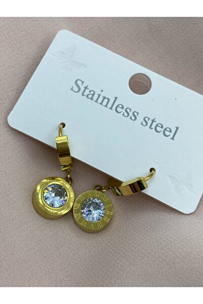 Zera أقراط من الفولاذ المقاوم للصدأ باللون الذهبي وحجر الزركون وأرقام رومانية