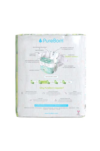 PUREBORN Organic Diapers Size 2 For 3-6 Kg Value Pack 64pcs with Daisy Print
