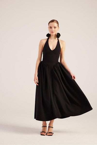 HOLLY LOLLY Long Ophelia Dress - Black Halter Neck Fitted Waist