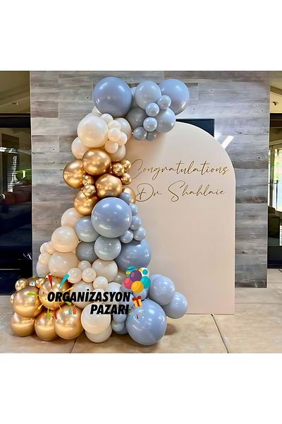 Organizasyon Pazarı 60 Pieces Storm Blue and Sea Sand Balloon Chain Set - Chrome Gold