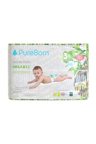 PUREBORN Organic Diapers Size 3 For 5.5-8 Kg Master Pack 112pcs with Leopard Print