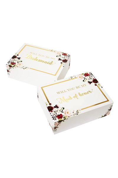 All Ewired Up Gold Foil Bridesmaid Proposal Box Set of 6, 1 Maid of Honor & 5 Bridesmaid Boxes, Burgundy Geometric