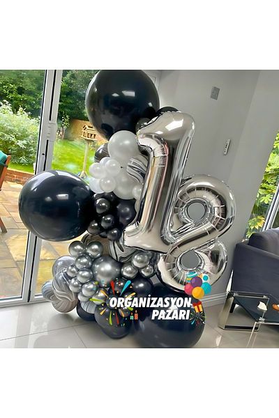 Organizasyon Pazarı 18 Silver Foil Balloons Set - Black, Chrome, White 60 Pieces Chain
