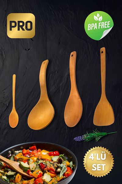 Ülgenev 4-Piece Natural Bamboo & Beech Wood Kitchen Set – Wide Mouth Spoon, Rice Spoon, Small Spoon, Spatula