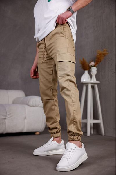Oksit Hend Slim Fit Lycra Linen Cargo Trousers with Jogging Legs and Elastic Waist