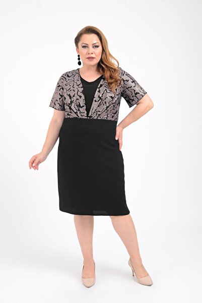 LİLAS XXL Büyük Beden Siyah Renkli Krep Kumaş Kısa Abiye Elbise