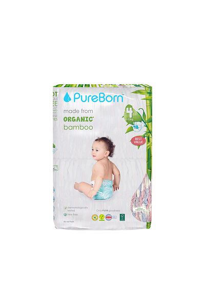 PUREBORN Organic Diapers Size 4 For 7-12 Kg Value Pack 48pcs with Clouds Print