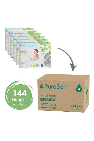 PUREBORN Organic Diapers Size 4 For 7-12 Kg Master Value Pack 144pcs with Assorted  Print